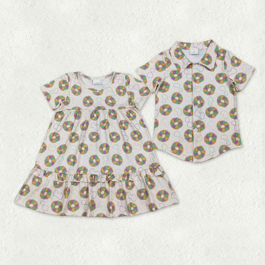 Sibling Boys Girls Kids Short Sleeves Donuts Mardi Gras Shirt Dress RTS