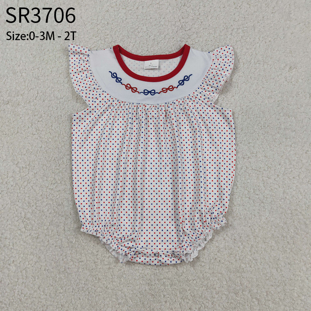 Baby Girls Kids Short Sleeves Embroidery Red Blue Bows Dots 4th of July Bubble Romper