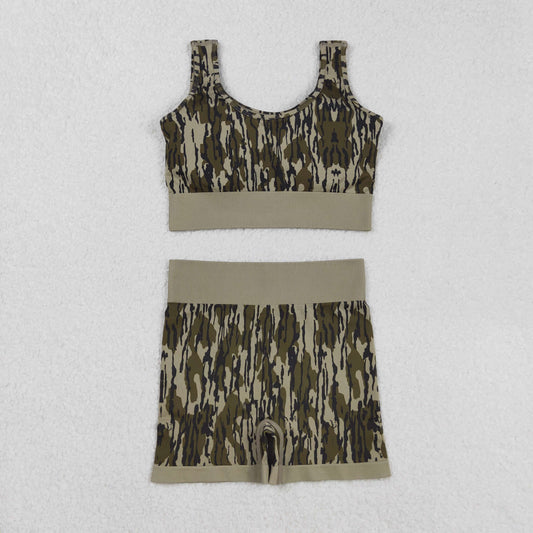 Adult Woman Sleeveless Green Camo Tank Tops Shorts Knitted Yoga Set RTS