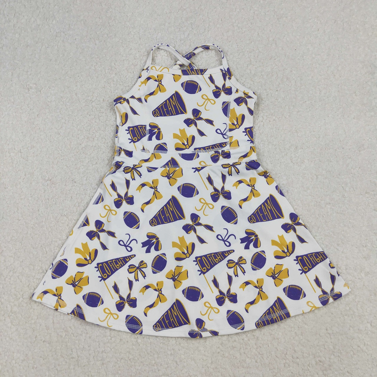 Sibling Baby Girl Kids Cheer Purple Bows Football Team Zipper Romper Dress Set RTS