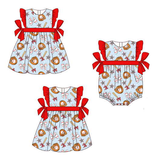 ( Moq 5 Each Style ) Sibling Baby Girls Kids Baseball Bows Romper Dress Set