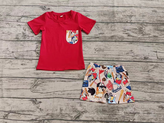 Baby Boy Short Sleeves Red Shirt Dogs Baseball Shorts Set ( Moq 5 )