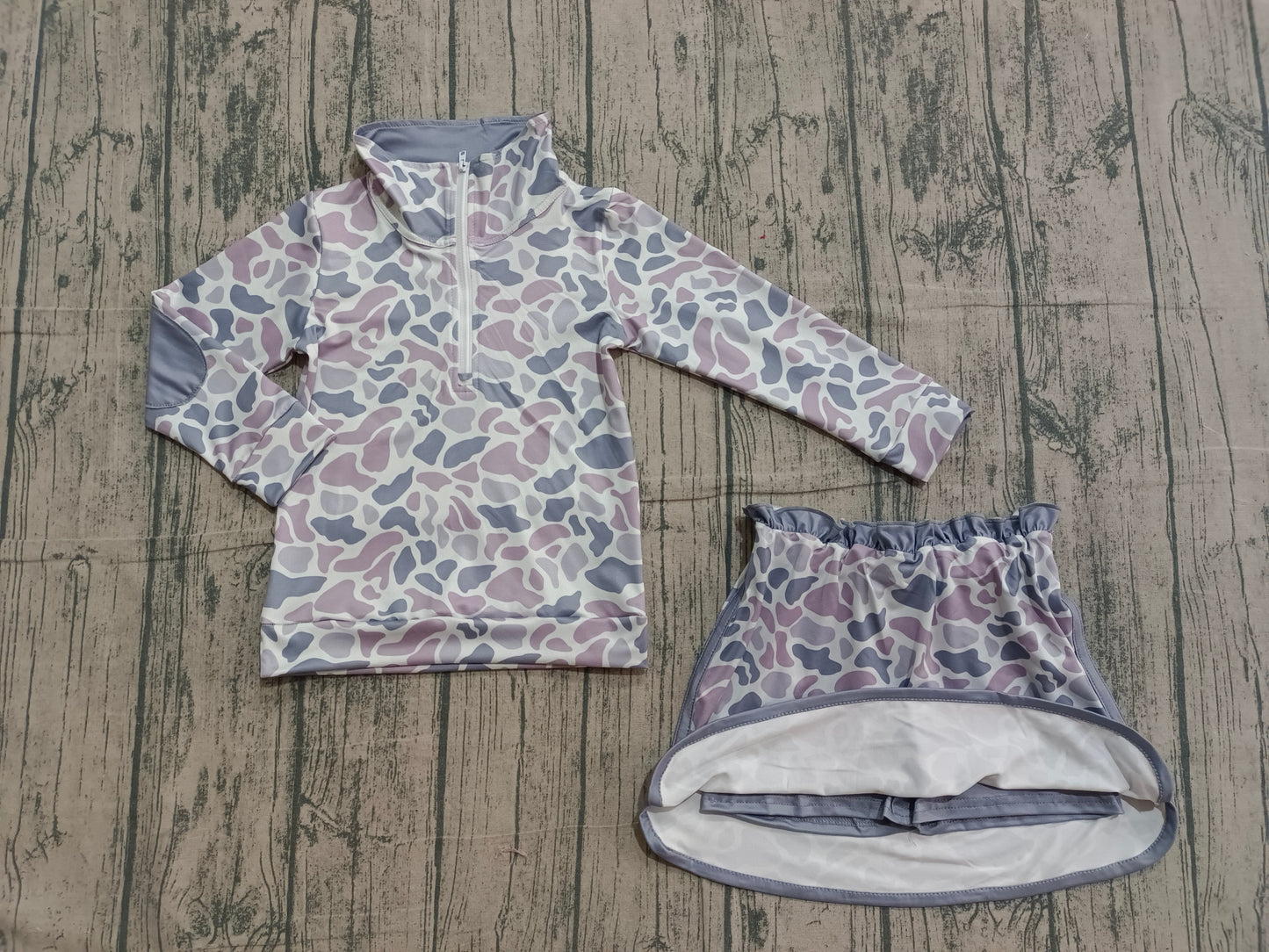 Baby Girls Long Sleeves Grey Camo Zipper Pullover Skirt Shorts Set RTS
