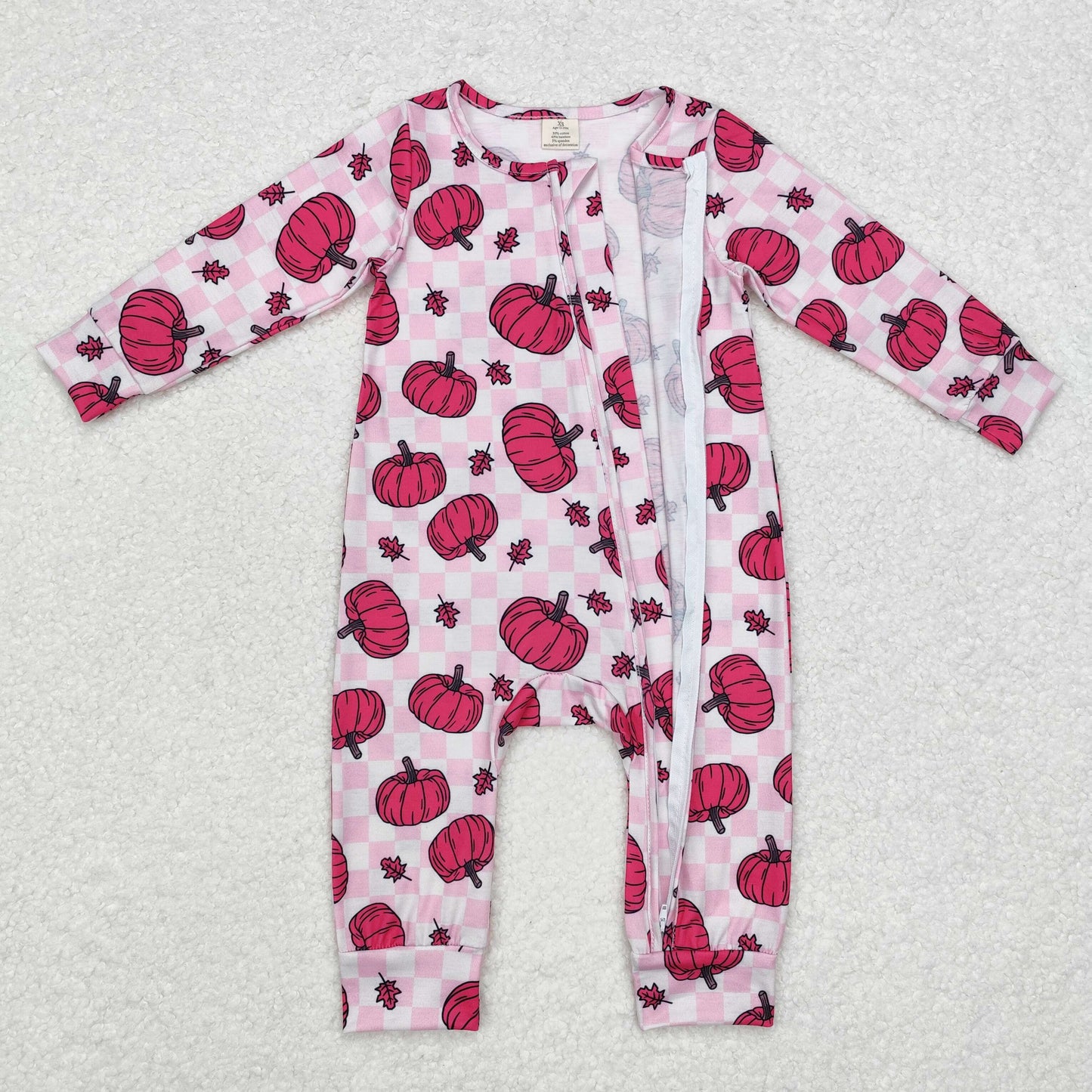 Baby Boy Blue Checkered Pumpkins Fall Zipper Bamboo Romper