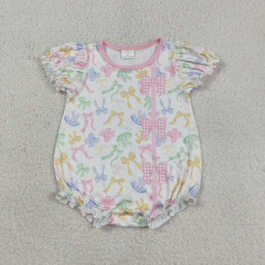 Baby Girls Infant Short Sleeves Colorful Bows Bubble Romper RTS