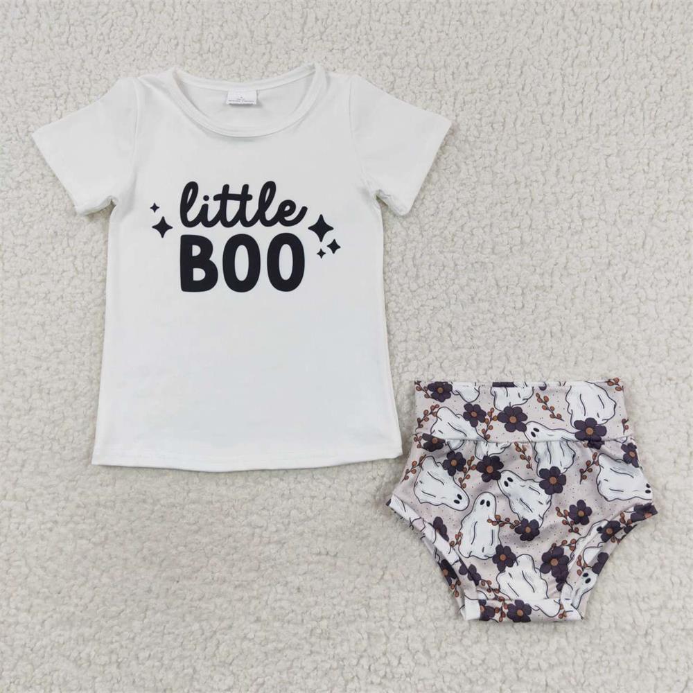 GBO0175 Halloween Baby Girl Ghost Floral Bummie Shorts Outfit