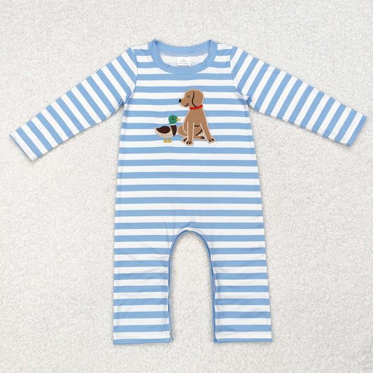 Baby Boy Long Sleeves Embroidery Dog Duck Blue Stripes Romper