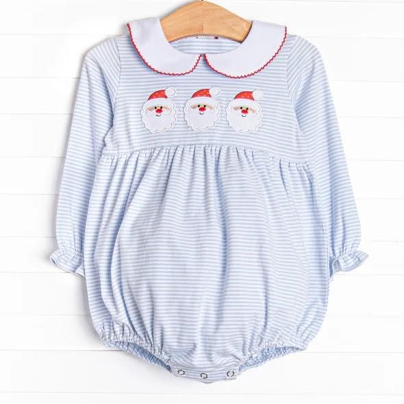 ( Moq 5 ) Preorder Baby Girl Kids Long Sleeves Christmas Santa Stripes Bubble Romper Clothes
