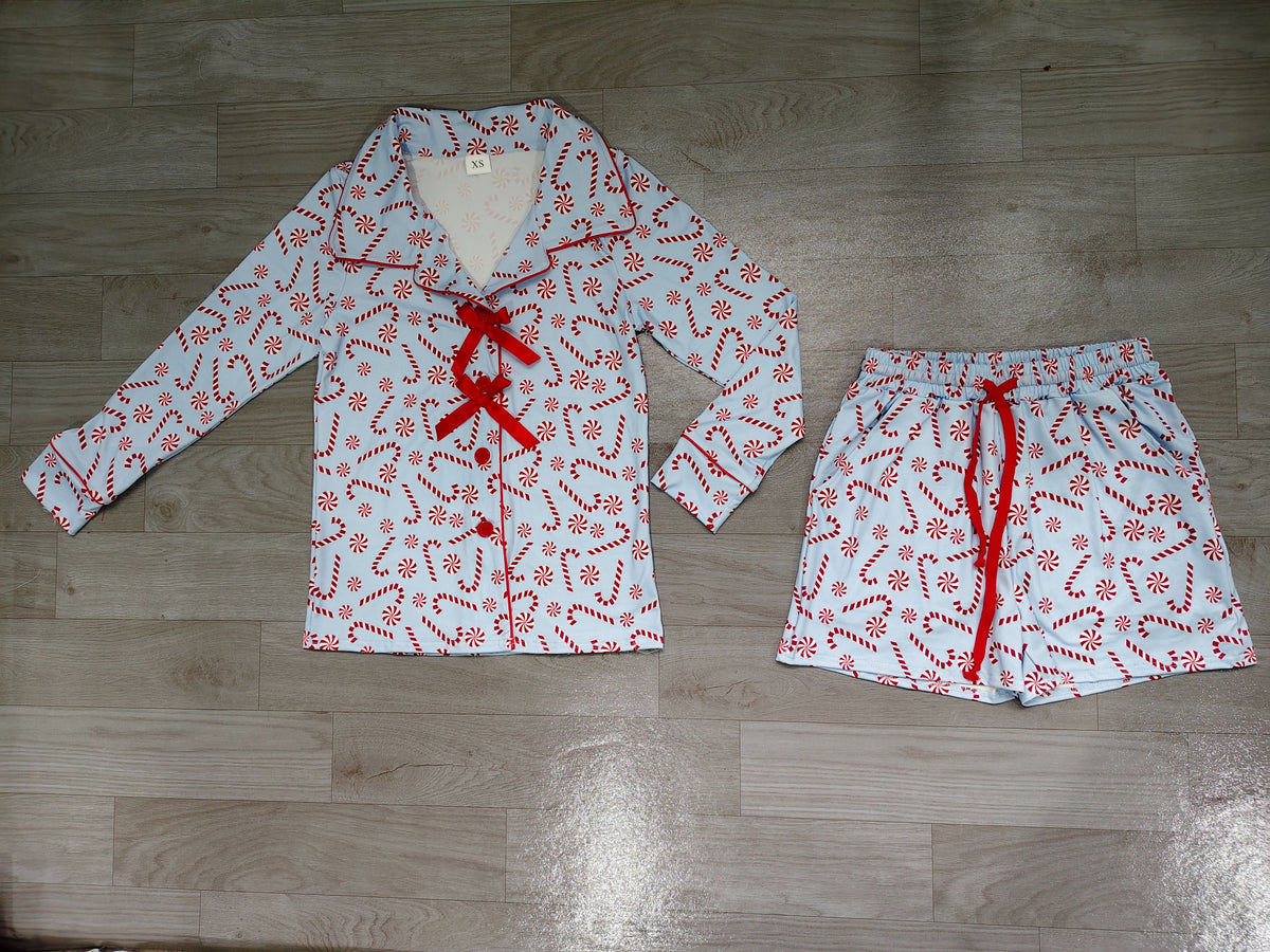 ( No moq ) Preorder Adult Women Long Sleeves Christmas Candy Bows Buttons Tops Shorts Pajamas Blue Set