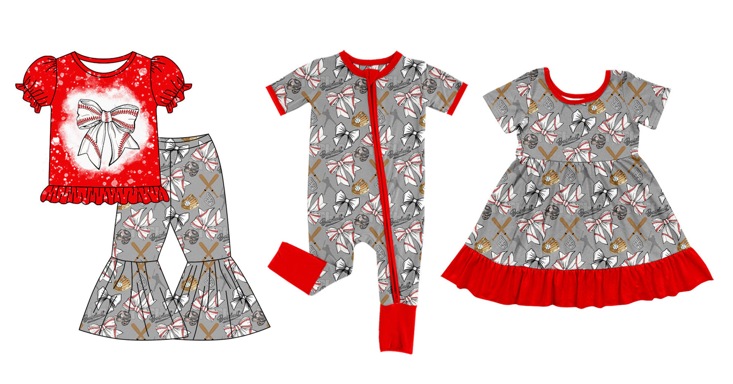 Baby Girl Short Sleeves Baseball Bows Sibling Dress Romper Clothes Set ( Moq 5 Each Design ) 12.7