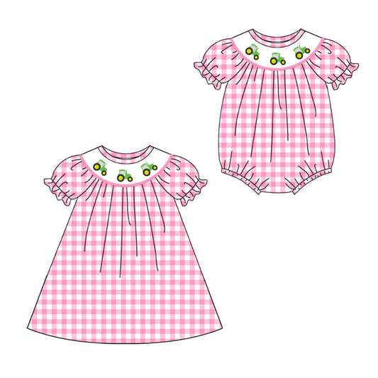 Baby Girl Tractors Pink Checked Sibling Romper Dress ( Moq 5 Each Style ) 1.17