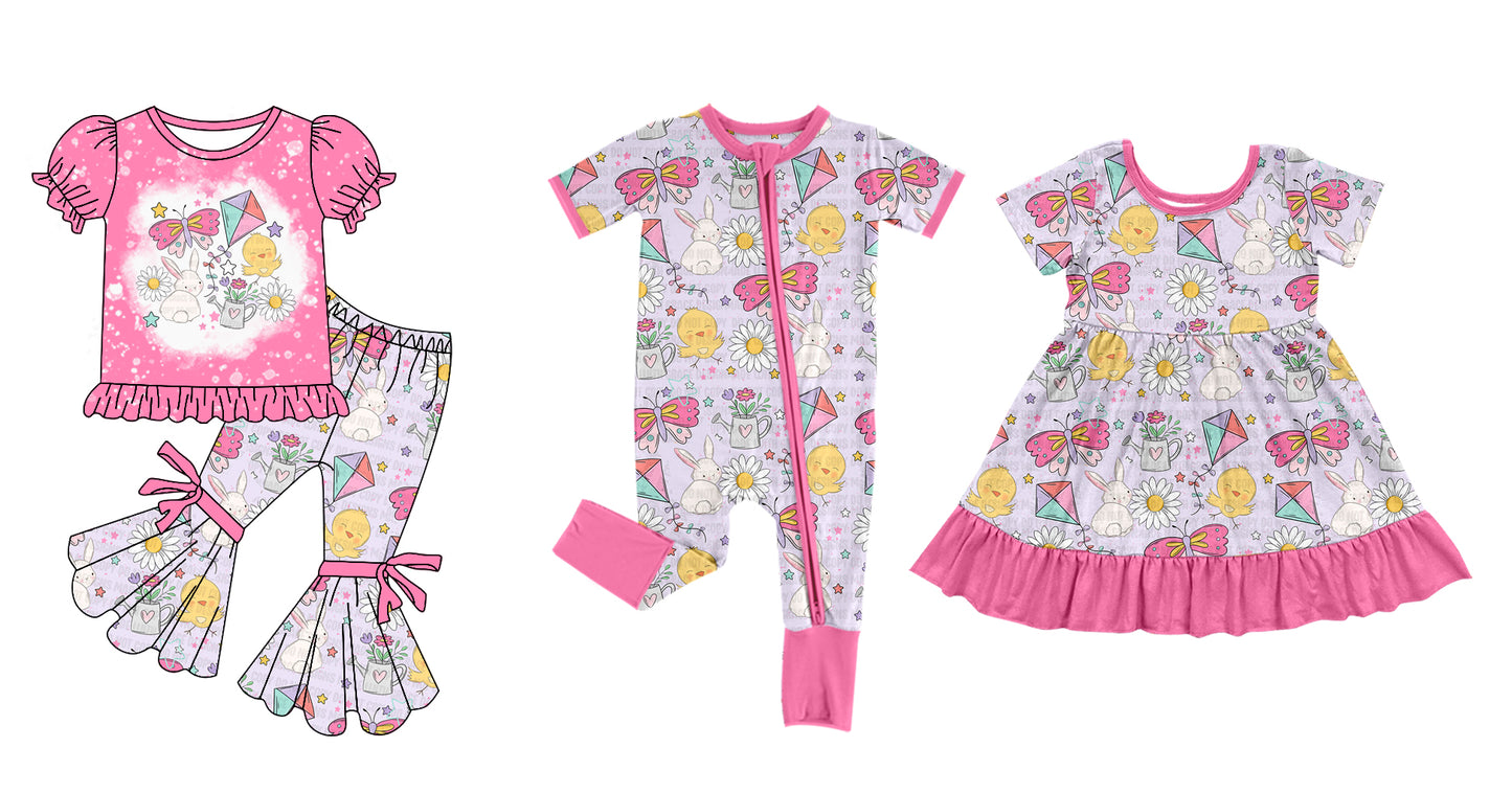 Daddy's Girl Short Sleeves Rabbits Flower Easter Sibling Romper Dress Clothes Set ( Moq 5 Each Design )12.3