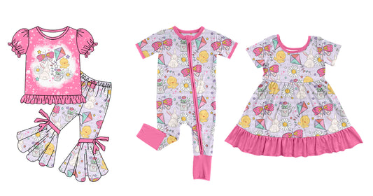 Daddy's Girl Short Sleeves Rabbits Flower Easter Sibling Romper Dress Clothes Set ( Moq 5 Each Design )12.3