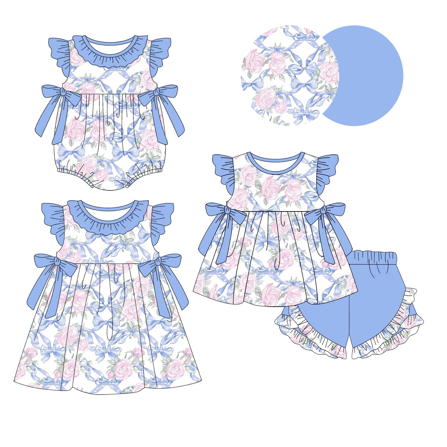 Baby Girl Flower Bows Blue Sibling Romper Dress Set ( Moq 5 Each Style ) 1.13