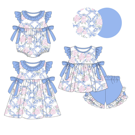 Baby Girl Flower Bows Blue Sibling Romper Dress Set ( Moq 5 Each Style ) 1.13