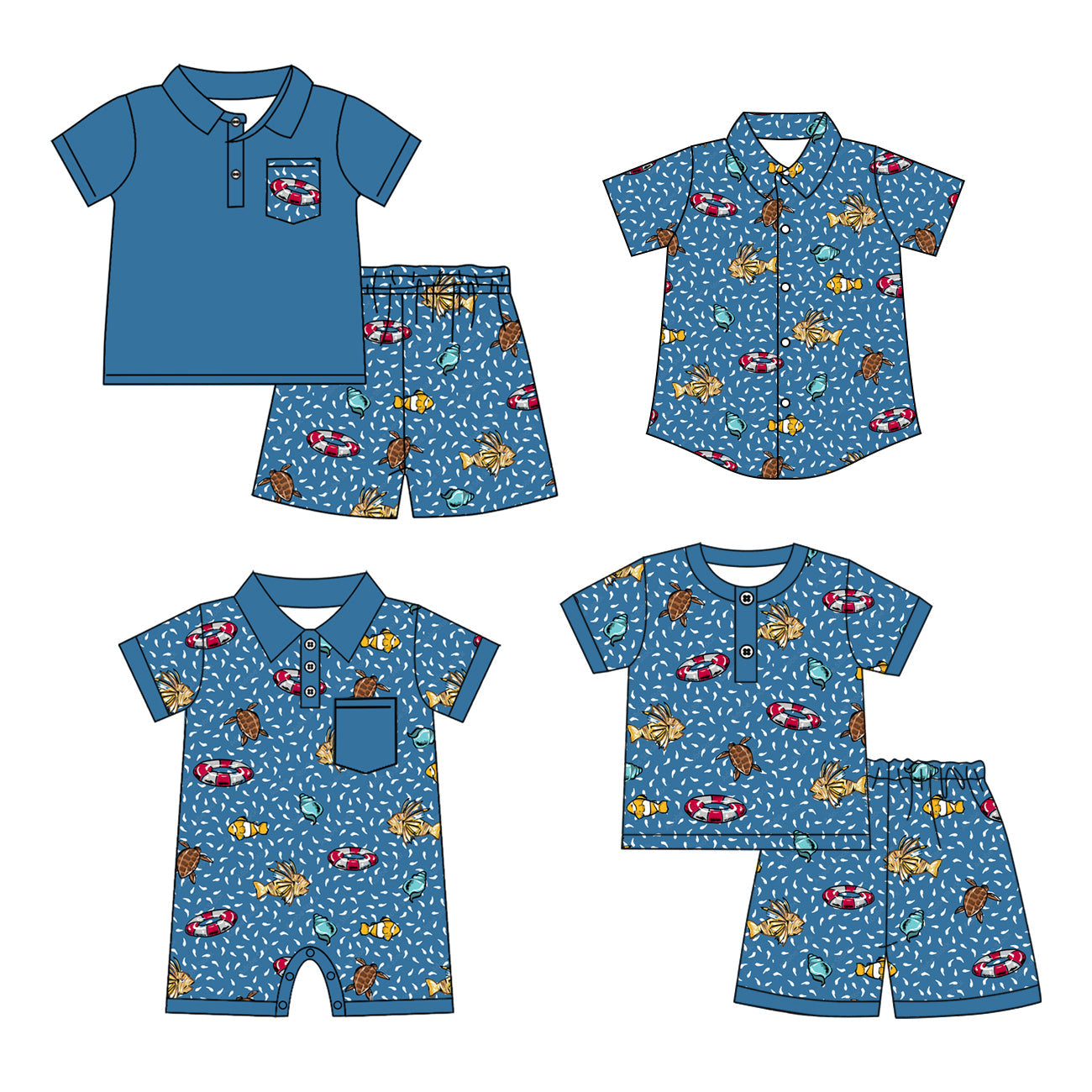 Baby Boy Short Sleeves Fish Blue Sibling Romper Shirt Set ( Moq 5 Each Style ) 2.10