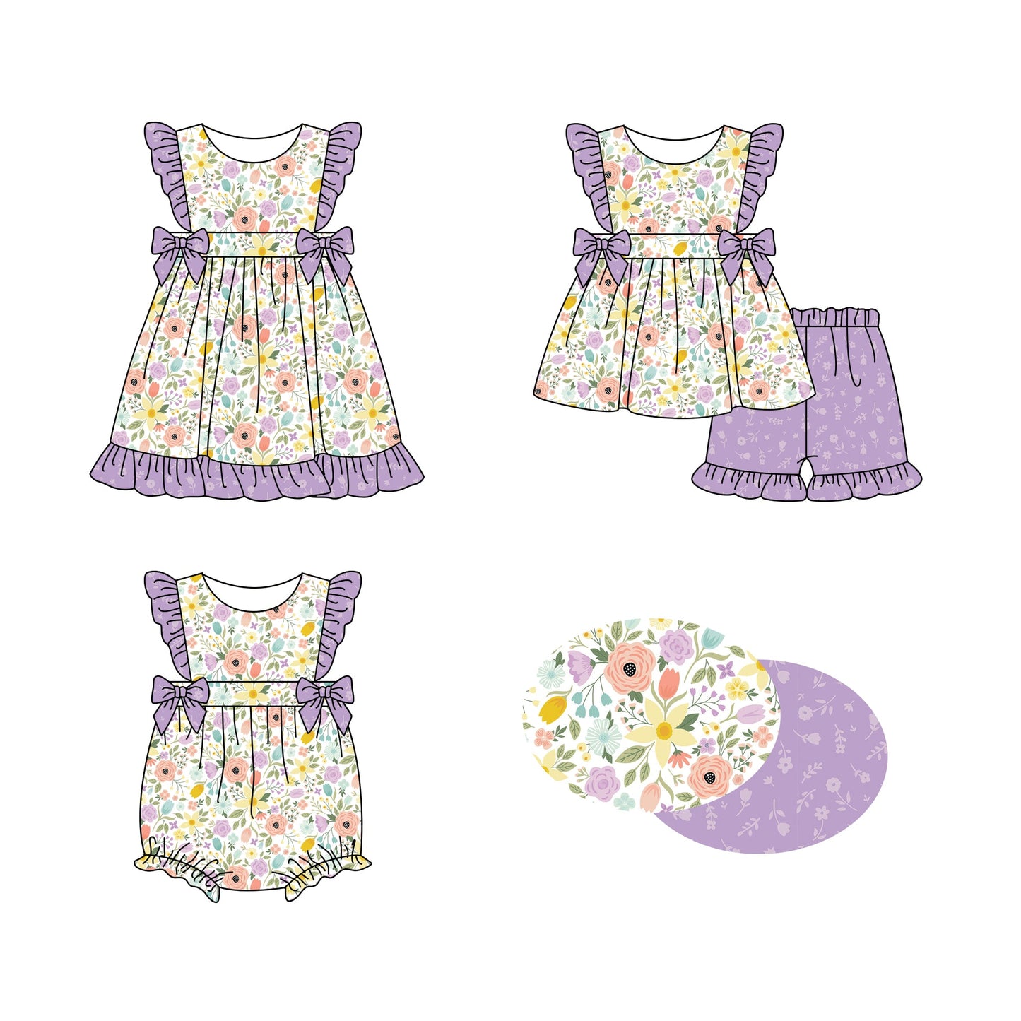 Baby Girl Flower Purple Bows Sibling Romper Dress Set ( Moq 5 Each Style ) 1.8