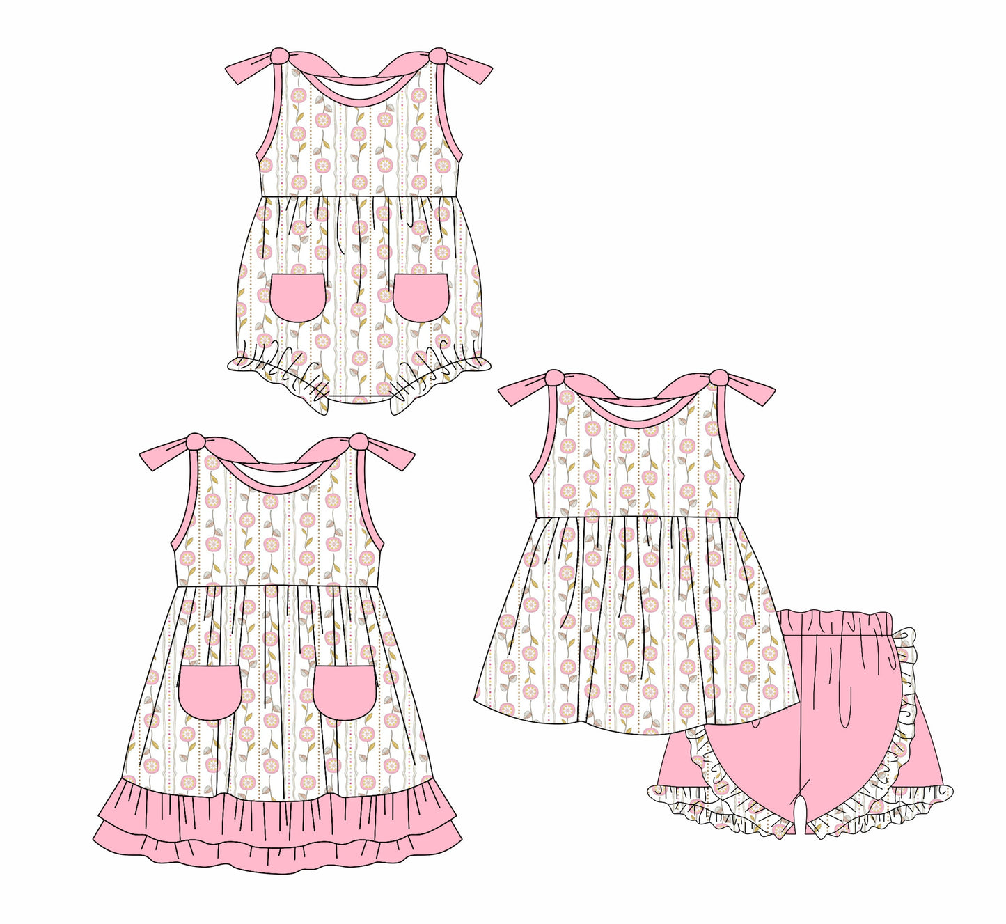 Baby Girl Pink Flower Sibling Romper Dress Set ( Moq 5 Each Style ) 1.15