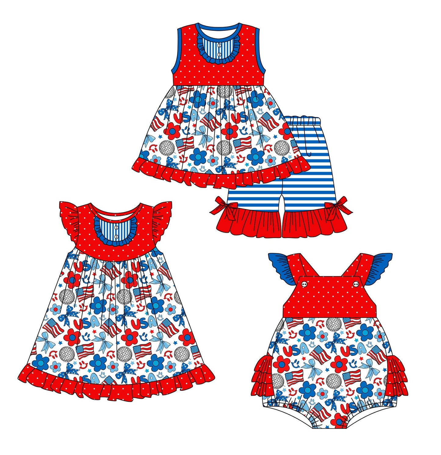 Baby Girl July 4th Flags Bows Sibling Romper Dress Set ( Moq 5 Each Style ) 12.30