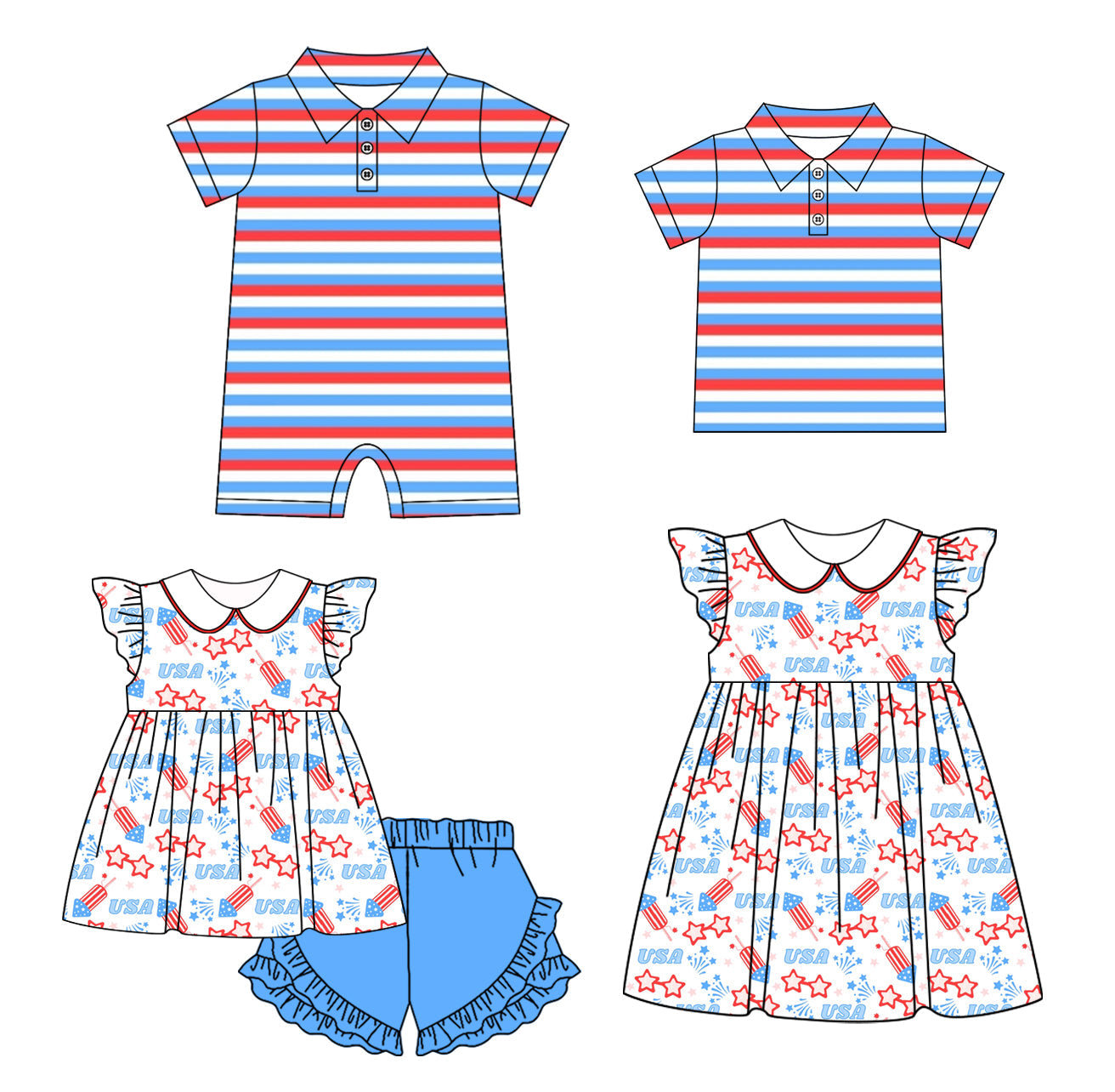 ( Moq 5 Each Style ) Baby Boy Girl Short Sleeves 4th Of July Stripes Stars Sibling Romper Dress Set 3.28