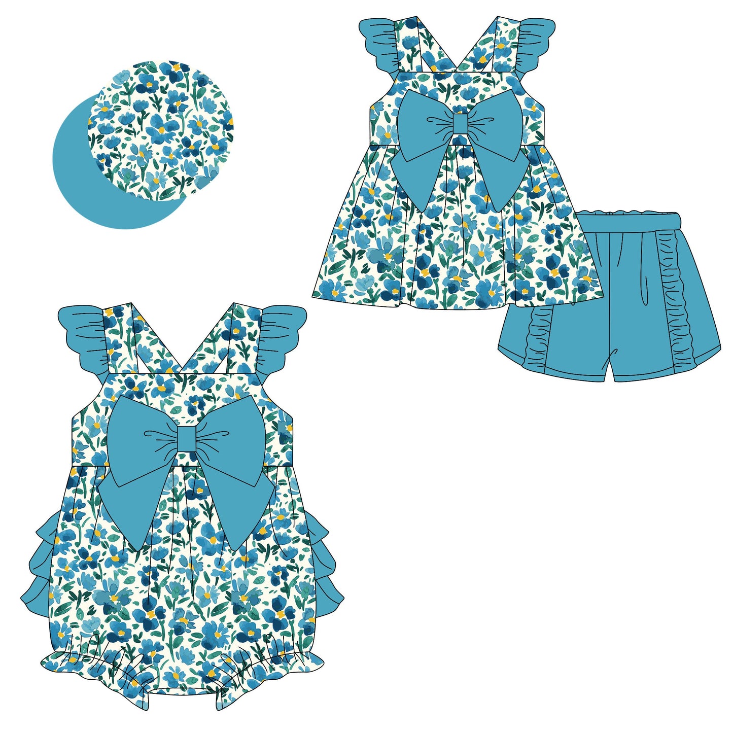 Baby Girl Bows Flower Ruffle Sibling Romper Set ( Moq 5 Each Style ) 2.8