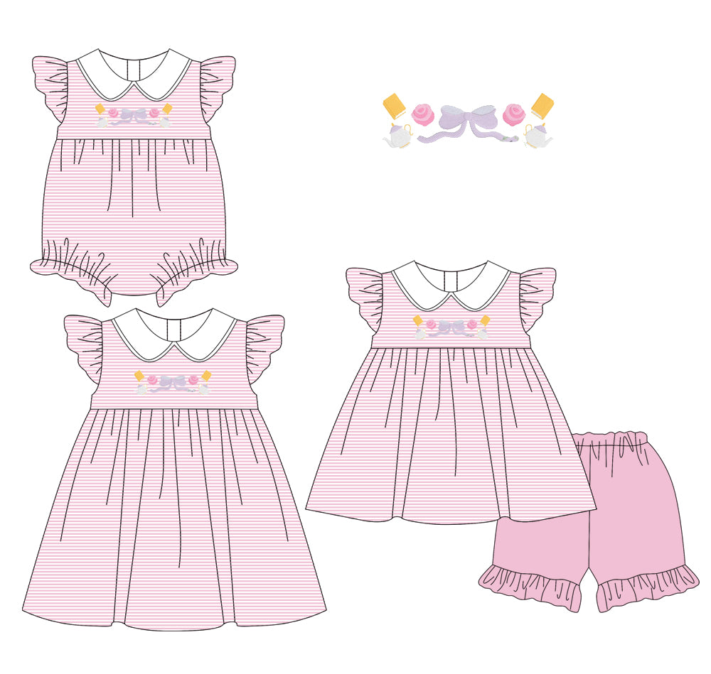 Baby Girl Flower Bows Stripes Pink Sibling Romper Dress Set ( Moq 5 Each Style ) 1.16