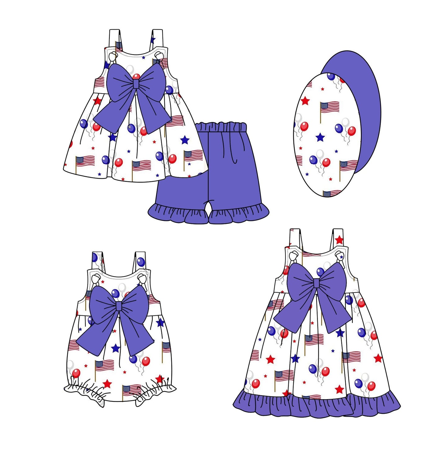 Baby Girl July 4th Bows Flags Sibling Romper Dress Set ( Moq 5 Each Style ) 2.14