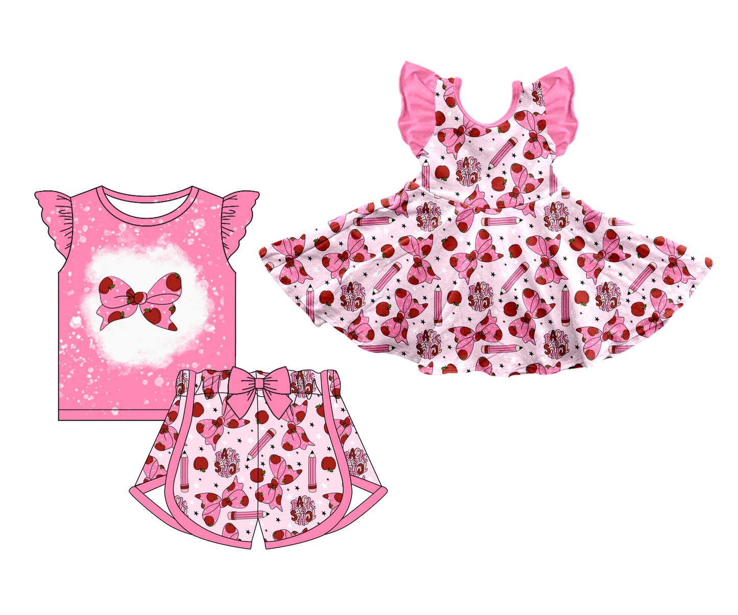 Baby Boy Girl Back To School Bows Sibling Pink Dress Clothes Set ( Moq 5 Each style ) 11.30