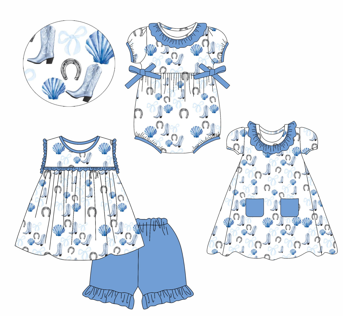 Baby Girl Western Boots Shells Sibling Romper Dress Set ( Moq 5 Each Style ) 2.21