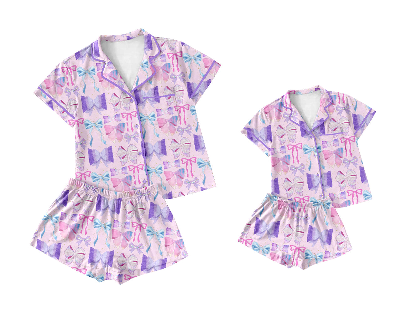 Baby Girl Toddler Adult Women Short Sleeves Bows Shorts Sibling Family Shorts Pajamas Set ( Moq 5 Each Style ) 12.6