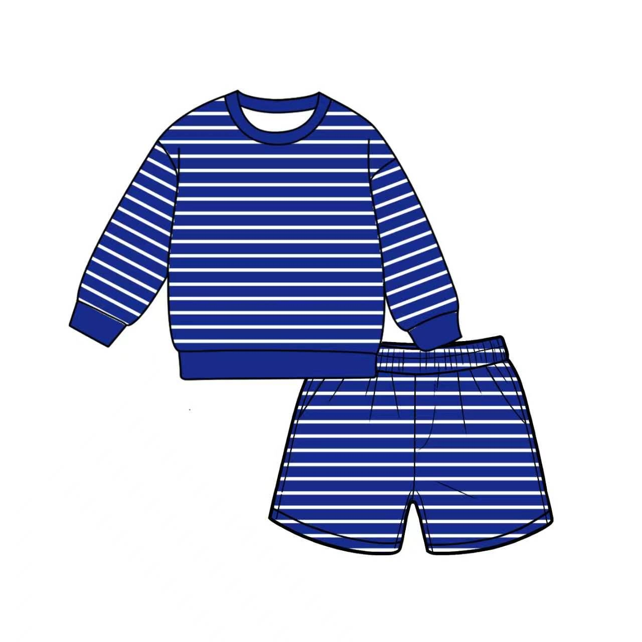 ( Moq 5 ) Preorder Adult Women Long Sleeves Shirt Pockets Blue Stripes Shorts Yoga Active Set