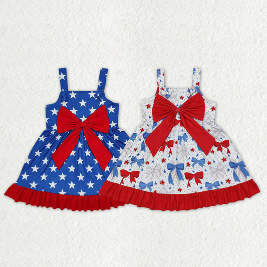 Sibling Baby Girls Kids Straps Stars Bows 4th of July Ruffle Knee Length Dresses RTS