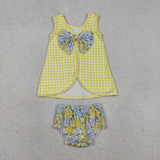 Baby Girls Toddler Sleeveless Plaid Tops Yellow Blue Flower Bummie Shorts Set RTS