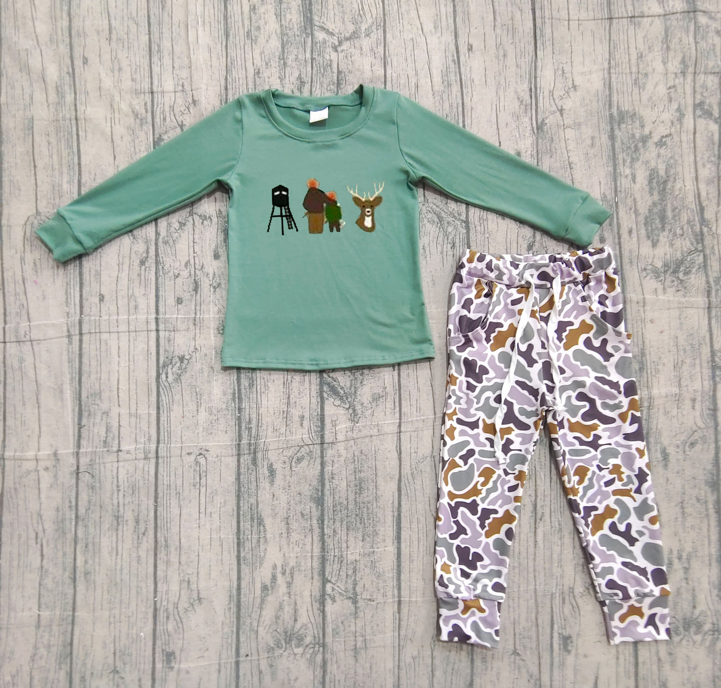 ( Moq 5 ) Preorder Baby Boys Long Sleeves Embroidery Deer Shirt Camo Pockets Pants Hunting Set