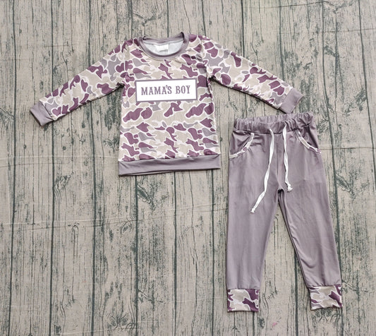 ( No moq ) Preorder Baby Boys Kids Long Sleeves Embroidery Mama's Boy Shirt Pockets Pants Camo Set