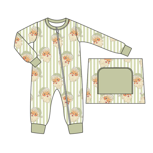 Baby Boy Christmas Santa Green Stripes Zipper Romper