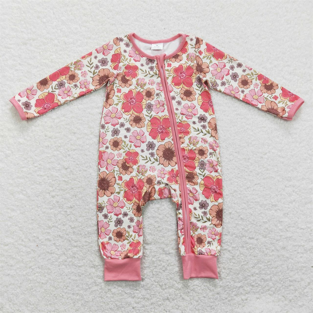 LR0895 Baby Girl Long Sleeves Floral Zipper One Piece Romper