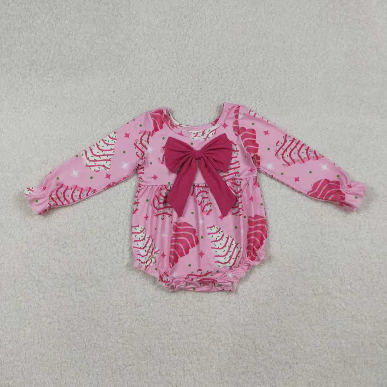 Sibling Baby Girl Kids Long Sleeves Cakes Tree Christmas Pink Bow Romper Dress RTS