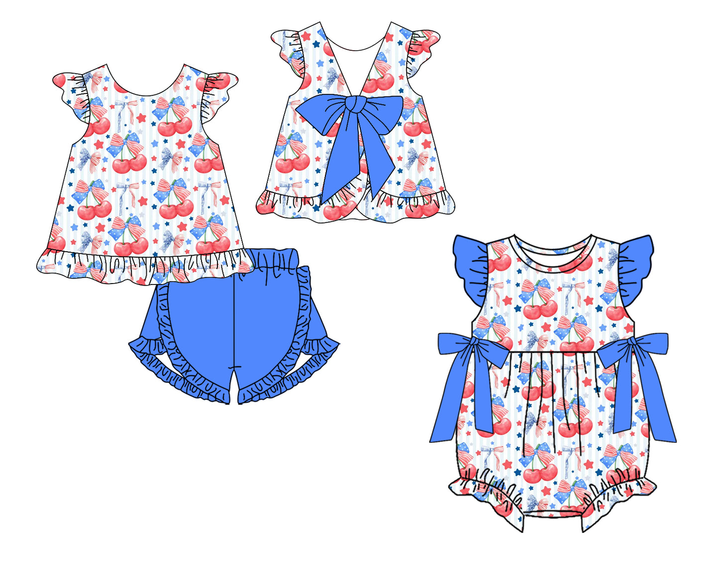 ( Moq 5 Each Style ) Baby Girls Kids Short Sleeves 4th of July Bows Stars Sibling Romper Set