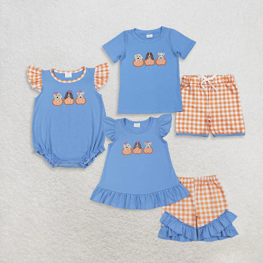 Sibling Boys Girls Kids Short Sleeves Embroidery Dogs Pumpkins Plaid Fall Romper Set RTS
