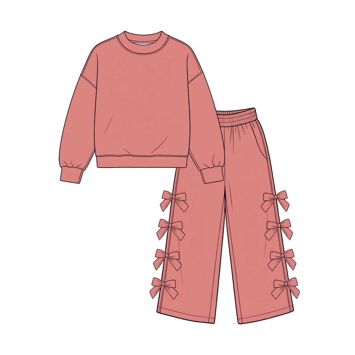 ( Moq 5 ) Preorder Baby Girls Kids Long Sleeves Shirt Bows Pants Pink Set Cotton Clothes