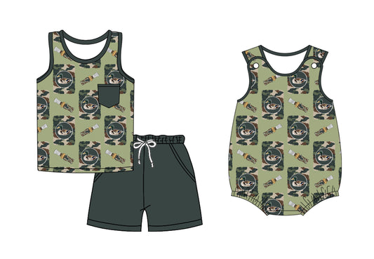 ( Moq 5 Each Style ) Sibling Baby Boys Kids Ducks Camo Shirt Pockets Shorts Hunting Set Romper