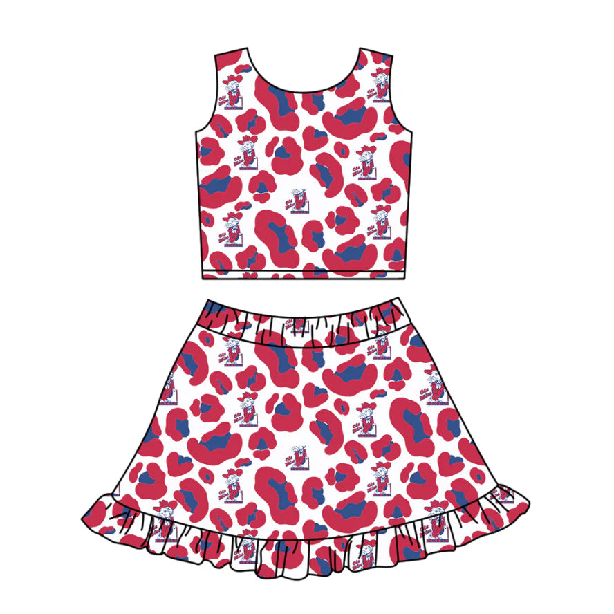 ( Moq 5 ) Baby Girls Kids Sleeveless Red Blue Leopard Football Tops Shorts Skirt Team Clothes Set