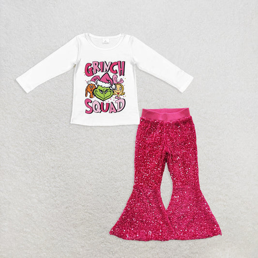 Baby Girl Long Sleeves Christmas Green Face Shirt Pink Sequins Pants Set RTS