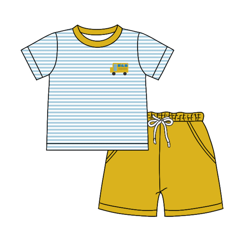 Baby Boy Short Sleeves Stripes Bus Back To School Shirt Pockets Shorts Clothes Set Moq 5