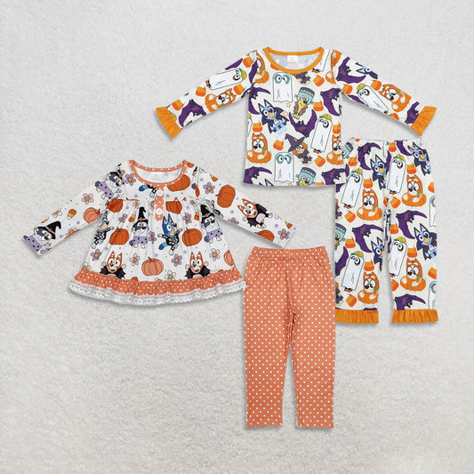 Sibling Baby Girls Long Sleeves Dogs Pumpkins Ghosts Tops Pants Halloween Pajamas Clothes Sets RTS