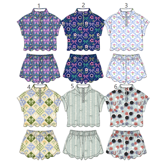 ( Moq 30 Each Style ) Sibling Baby Girls Kids Short Sleeves Flower Bows Tops Scallop Shorts Sets Summer Clothes
