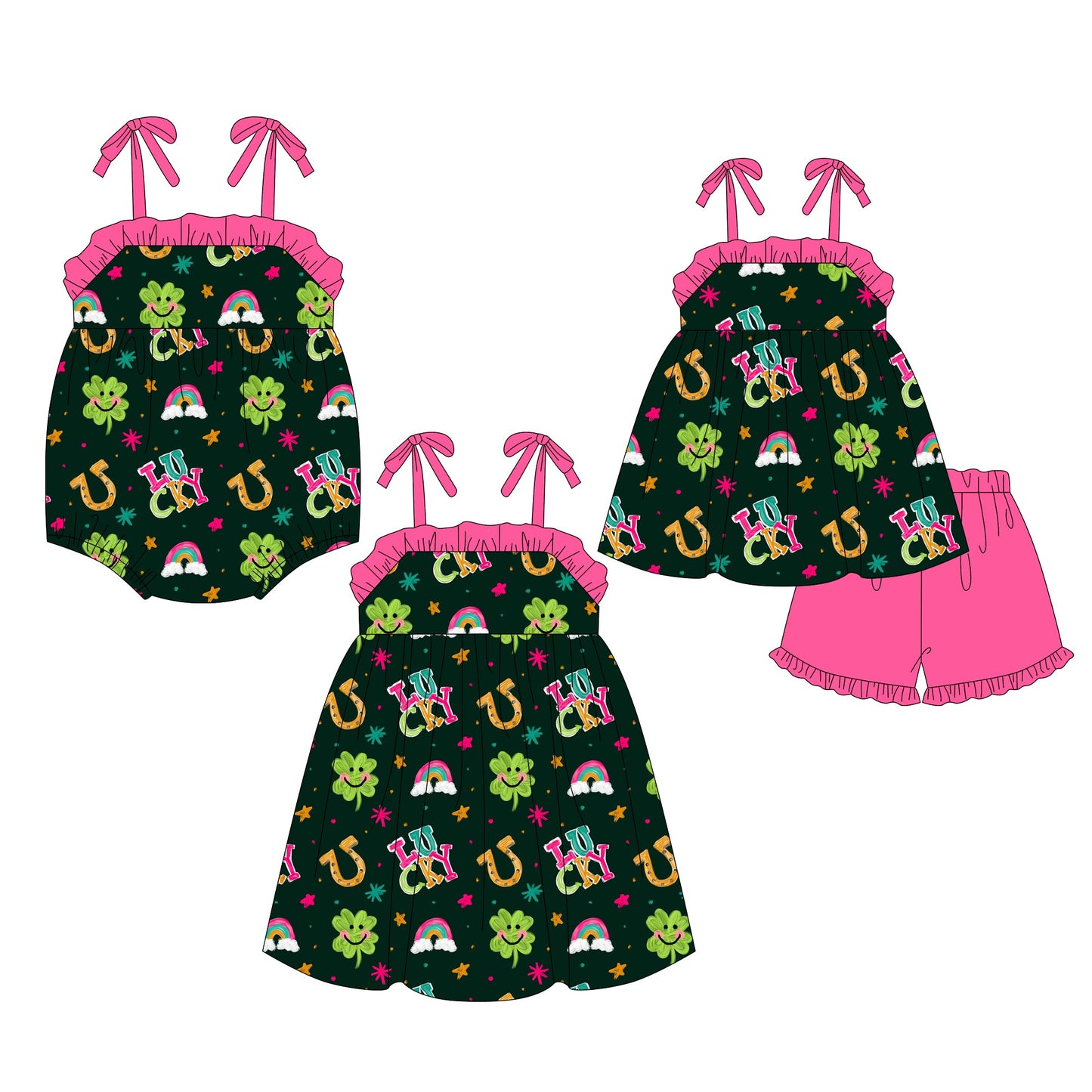 Baby Girl Straps St Patrick Rainbow Sibling Dress Romper Clothes Set ( Moq 5 Each Design ) 12.7