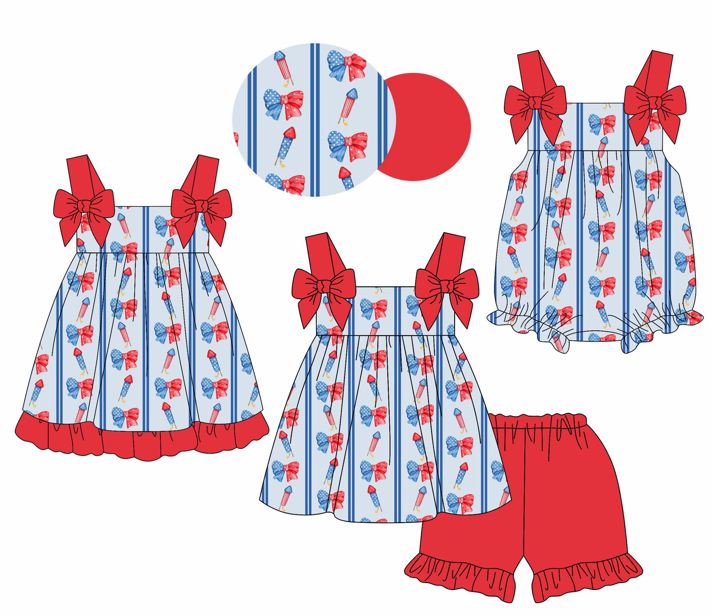 Baby Girl July 4th Bows Sibling Romper Dress Set ( Moq 5 Each Style ) 2.24