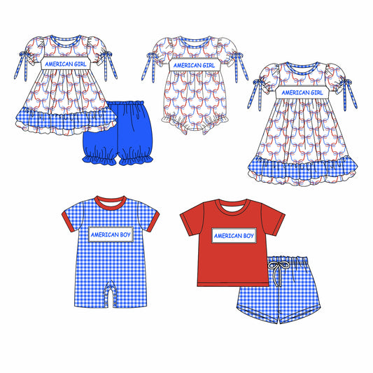American Boy Girl July 4th Bows Sibling Dress Romper Clothes Set ( Moq 5 Each style )11.25
